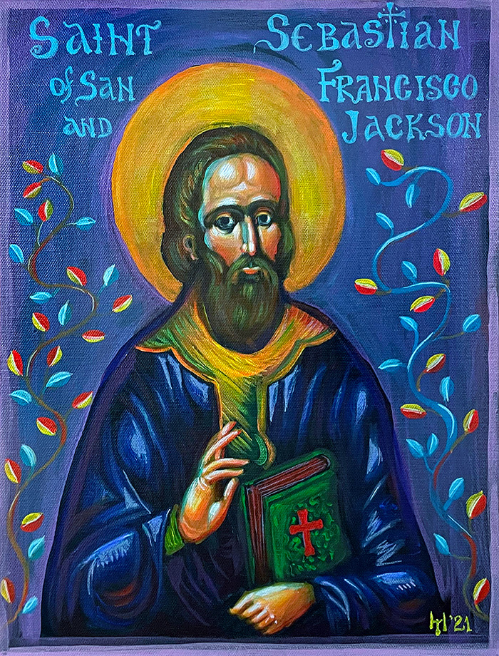 "St. Sebastian of Jackson and San Francisco", acrylic on canvas, Bishop Maxim, 2021