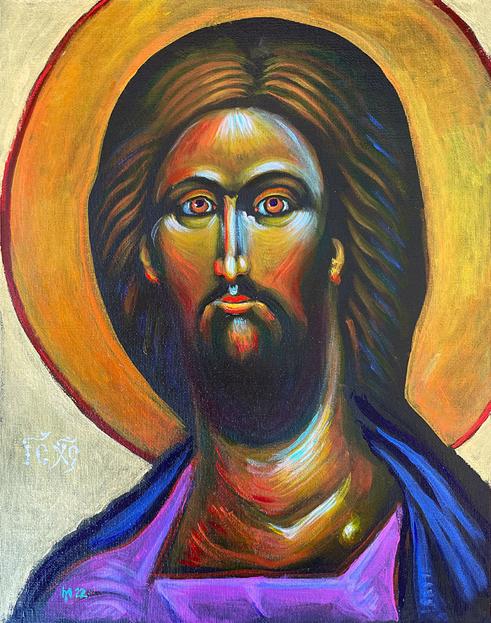 "Jesus Christ" (à la Rublev), acrylic on canvas, by Bishop Maxim, 2022