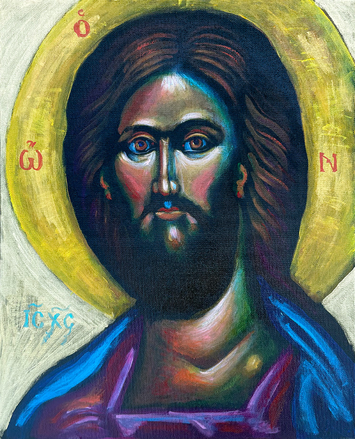 "Jesus Christ" (à la Rublev 3), acrylic on canvas, by Bishop Maxim, 2022