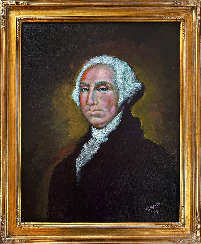 "George Washington's Intimate Gaze: An Artistic Exploration", acrylic on canas, Bishop Maxim, 2023