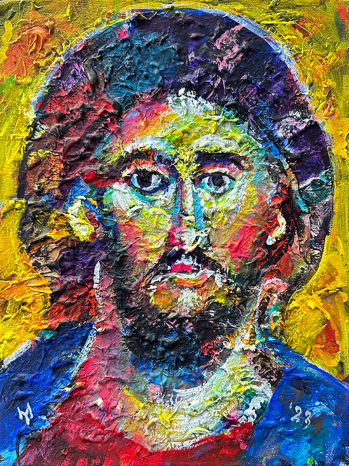 "Divine Mosaic: The Savior Amidst Colors", acrylic on canvas panel, Bishop Maxim, 2023