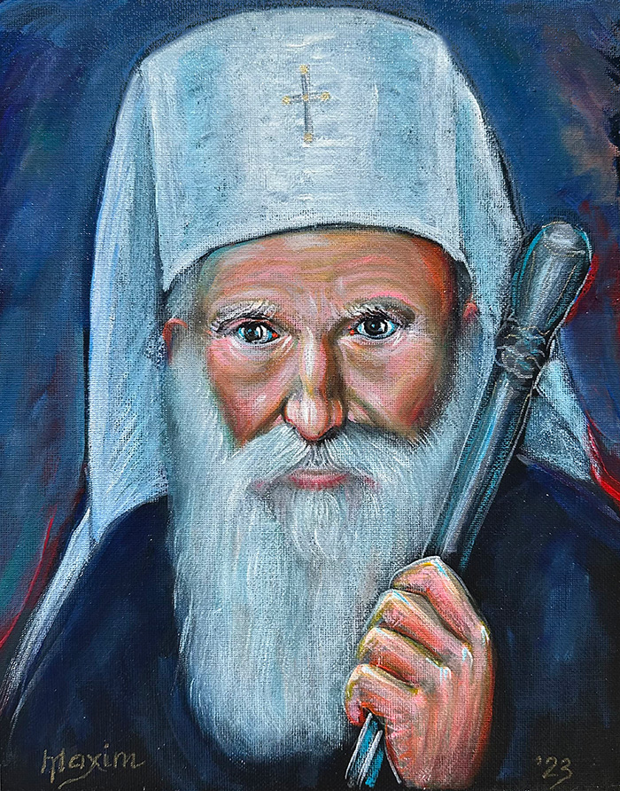 "Synced with Gospel: Patriarch Pavle", acrylic on canvas, Bishop Maxim, 2023