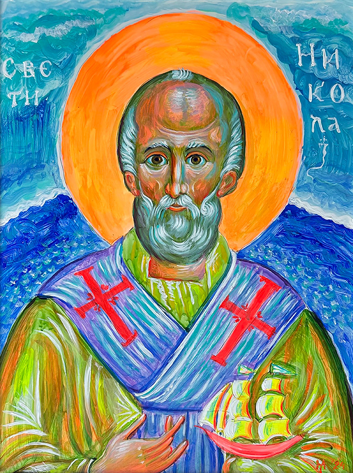 "Guardian of the Seas: Saint Nicholas", acrylic on gesso board, Bishop Maxim, 2024