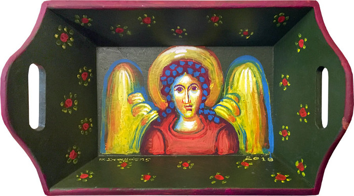 Angel on a wooden box, acrylic on wood, Stamatis Skliris, 015