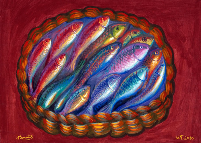 Ψάρια σε ψάθινο πανέρι, 2010, ακρυλικό σε μουσαμά, 60*50