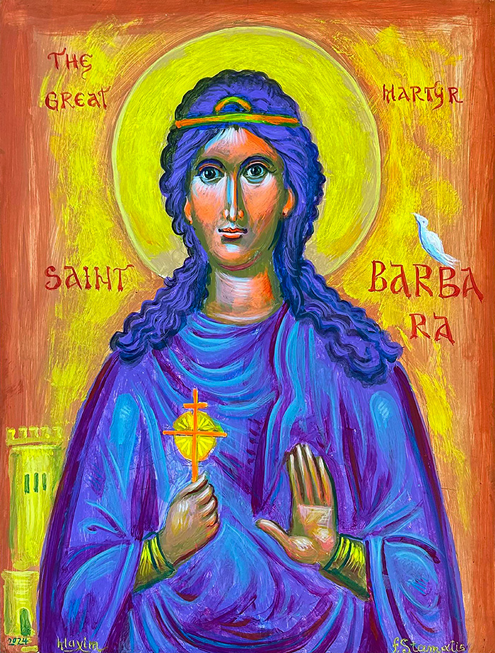 "St Barbara the Great Martyr", acrylic on woden panel board, 2024, by the hand of Fr. Stamatis Skliris and Bishop Maxim Vasiljevic