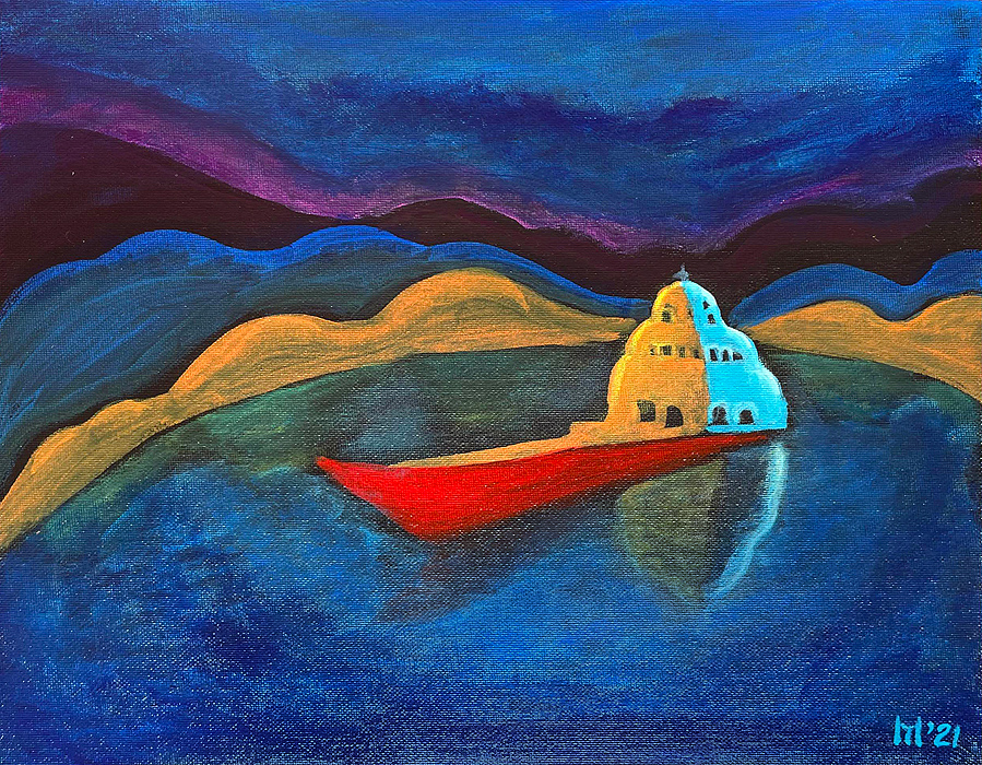 "Prayers by the Lake of Ohrid 2", acrylic on canvas, 2021