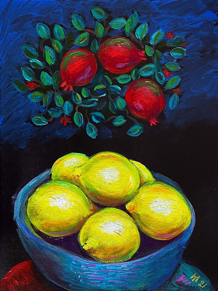 Lemon and Pomegranate 2 (Still Life), acrylic on canvas, Bishop Maxim, 2021