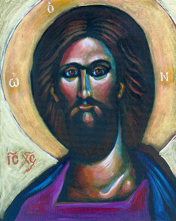 "Jesus Christ" (à la Rublev 2), acrylic on canvas, by Bishop Maxim, 2022