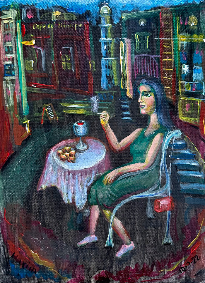 "Cafe del Principe, Madrid", acrylic on canvas, Bishop Maxim, 2022