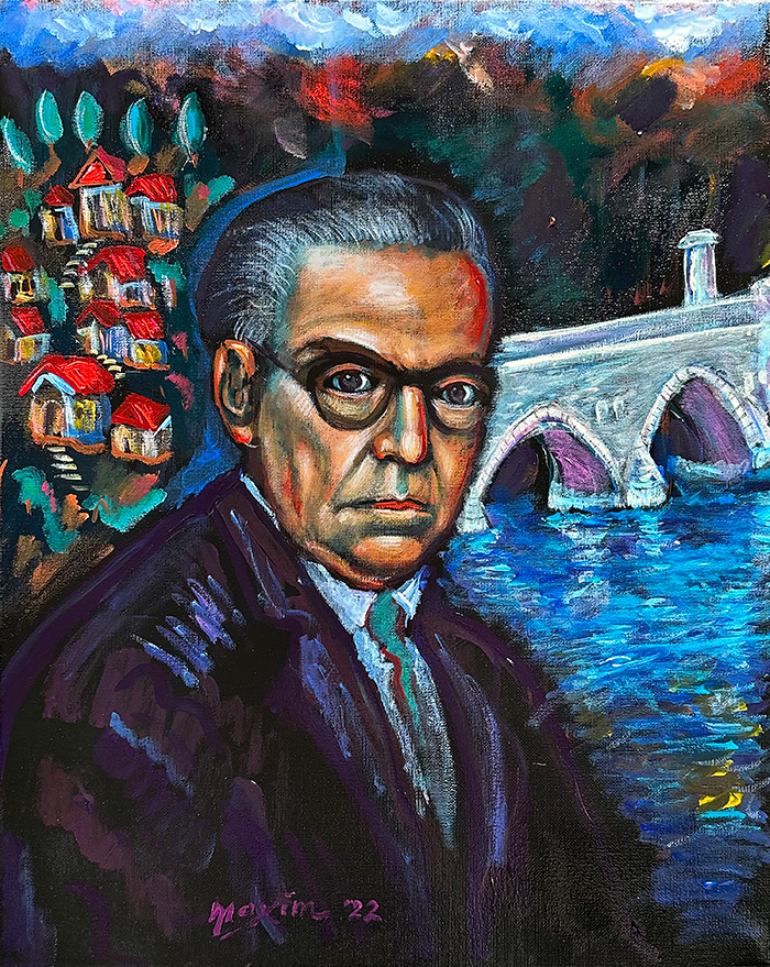 "Ivo Andrić and the Bridge on the Drina", acrylic on canvas, Bishop Maxim, 2022