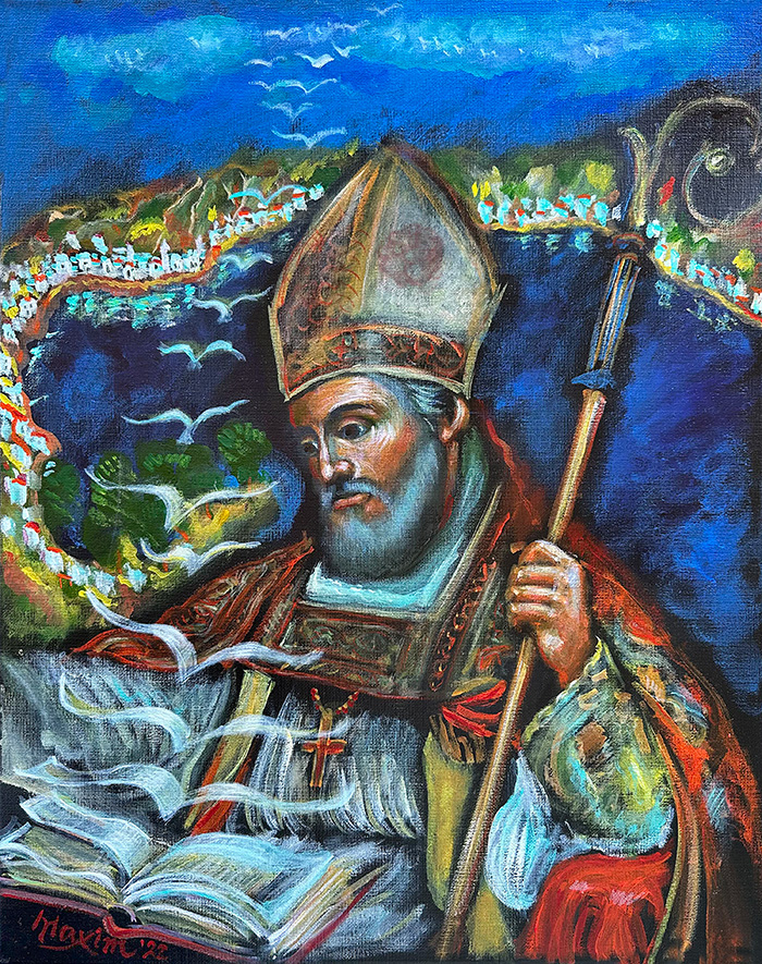 "St. Isidore of Seville", acrylic on canvas, 16x20 inch, Bishop Maxim, 2022