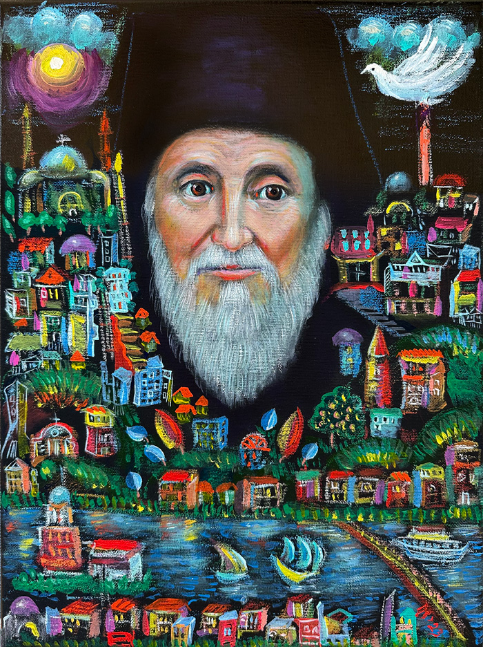 "The Saint of the City—Metropolitan Germanos of Theodoroupolis", acrylic and pastel on canvas, Bishop Maxim, 2023