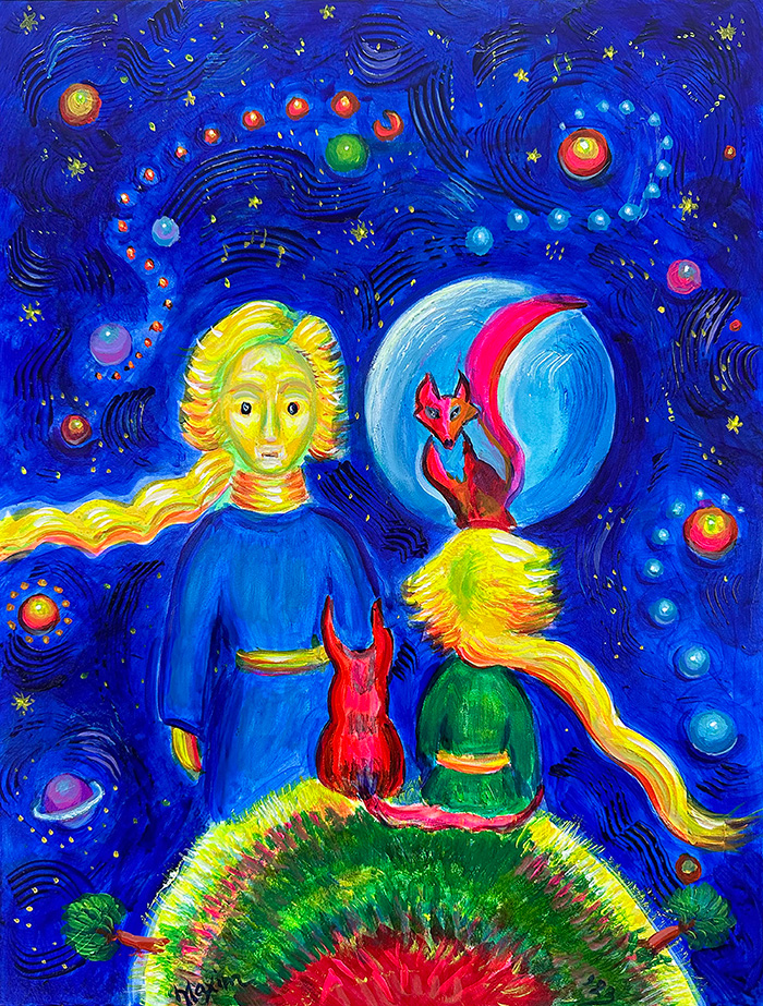 "Interstellar Reflections: The Little Prince and the Fox", acrylic on board, Bishop Maxim, 2023
