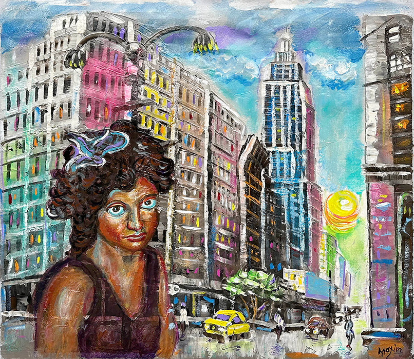 "Harlem Stride: A Lady's Journey", acrylic on canvas, Bishop Maxim, 2024