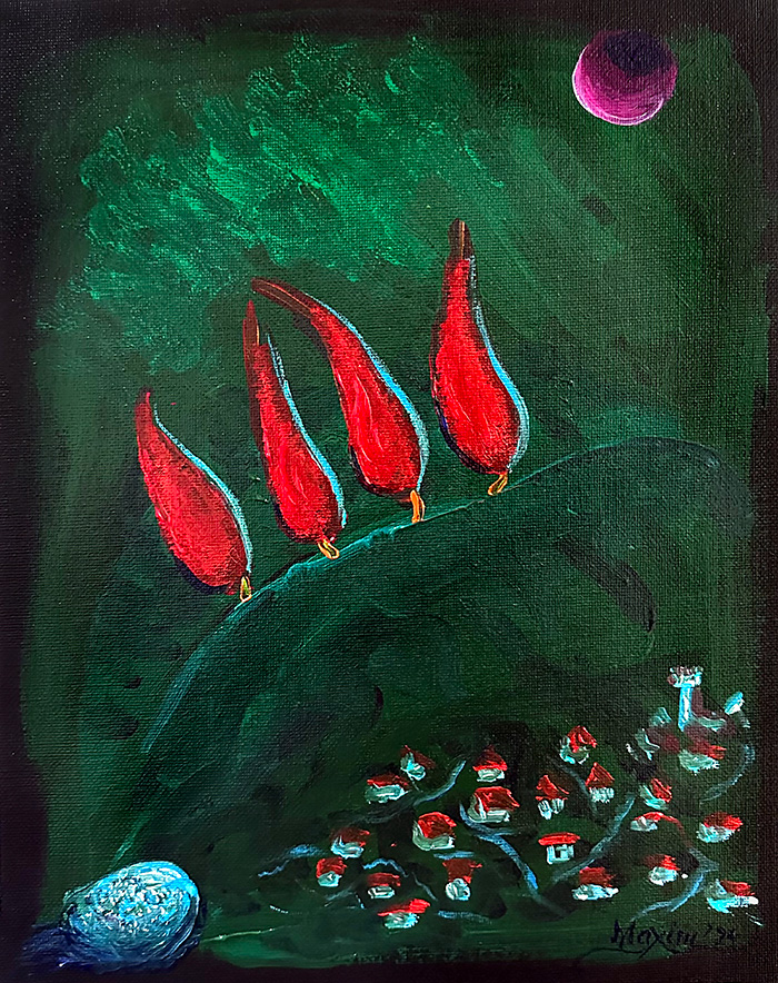 "Crimson Arboreal Moonlight", acrylic on canvas panel, Bishop Maxim, 2024.