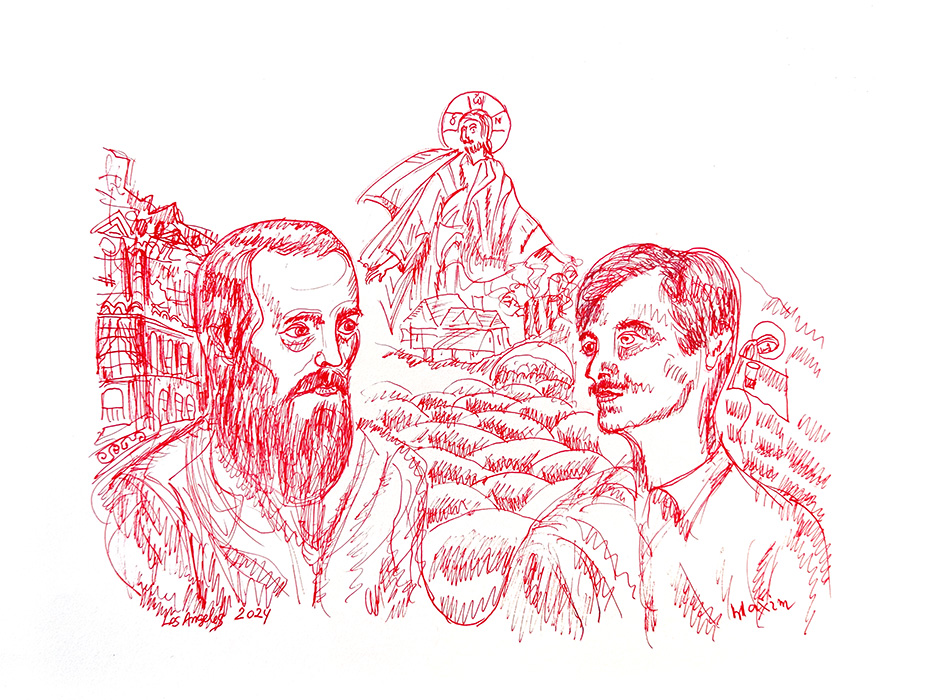 "Echoes of Genius: Dostoevsky and Tarkovsky’s Confluence of Visions", drawing, Bishop Maxim, 2024