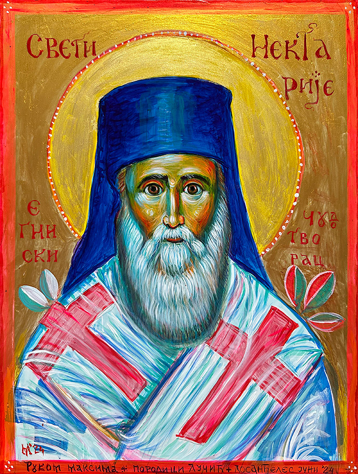 "St Nektarios", acrylic on gesso board, Bishop Maxim, 2024