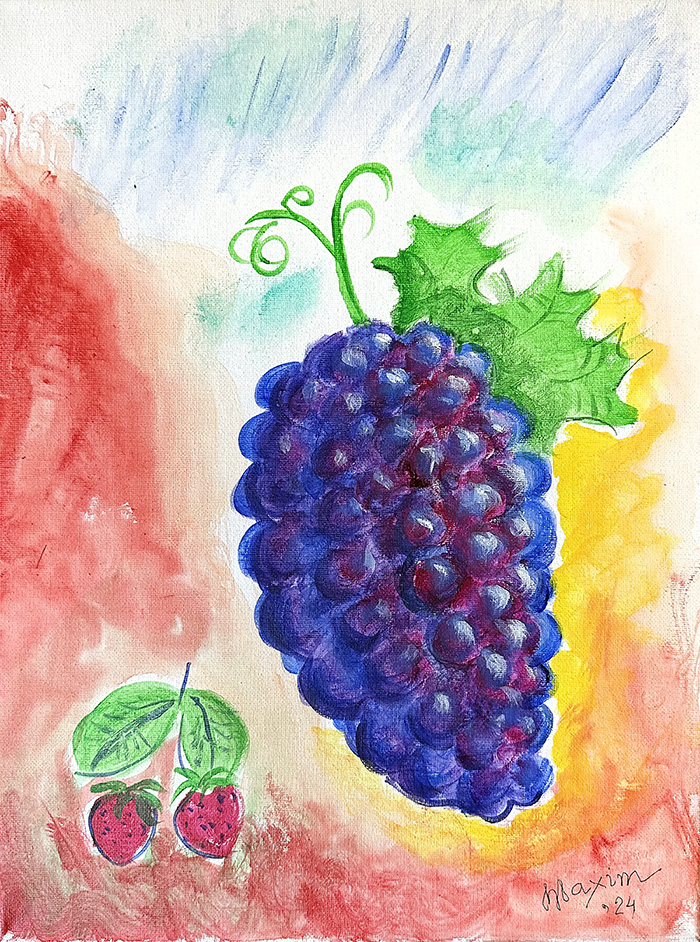 “Clusters of Time: The Grape’s Journey from Vine to Wine”, acrylic on canvas, Bishop Maxim, 2024