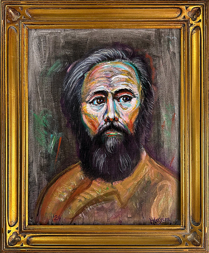 "Seizing Inspiration: The Noble Gaze of Solzhenitsyn", acrylic on wooden panel, Bishop Maxim, 2024