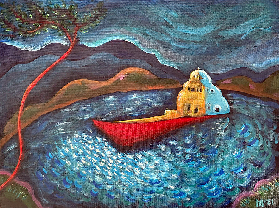 "Prayers by the Lake of Ohrid 3", acrylic on canvas, Bishop Maxim, 2021