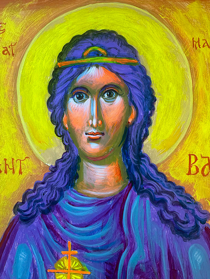 "St Barbara the Great Martyr", detail, acrylic on woden panel board, 2024, by the hand of Fr. Stamatis Skliris and Bishop Maxim Vasiljevic