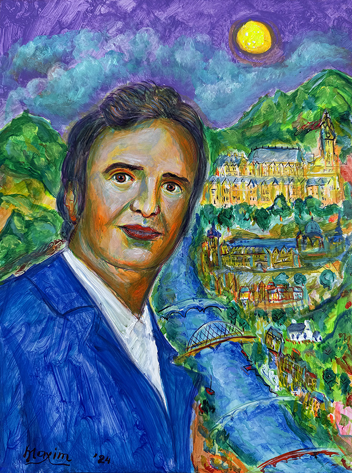 "Crossing Boundaries: The Journey of Professor Zizioulas from Greece to Scotland", acrylic on gesso board, Bishop Maxim, 2024