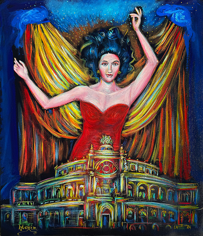 "Aria of the Cosmos: Anna Netrebko’s Transcendence from the Semperoper", acrylic on canvas, Bishop Maxim, 2024