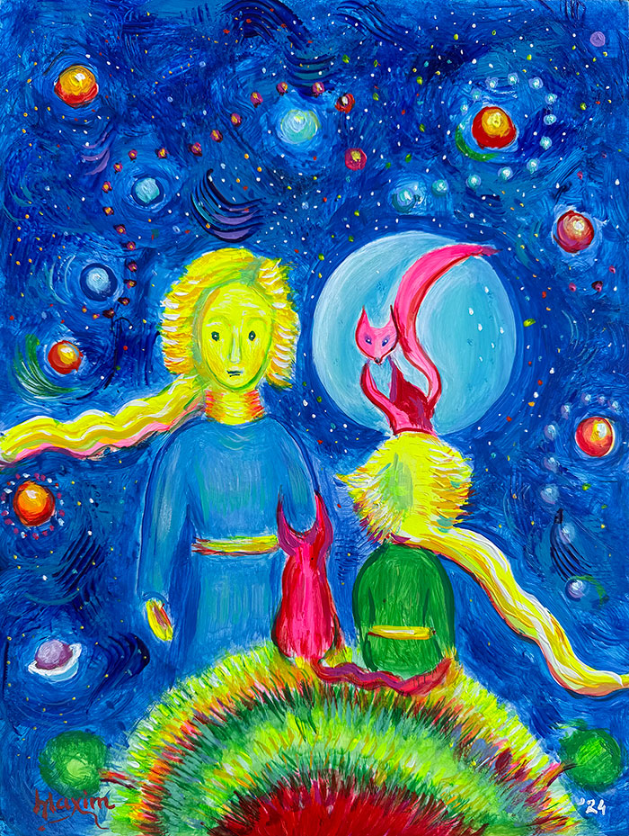 "Interstellar Reflections: The Little Prince and the Fox", acrylic on gesso board, Bishop Maxim, 2024