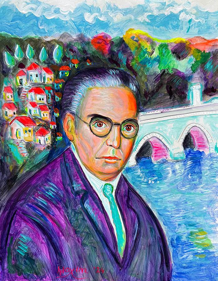 "Ivo Andrić and the Bridge on the Drina 2", acrylic on gesso board, Bishop Maxim, 2024