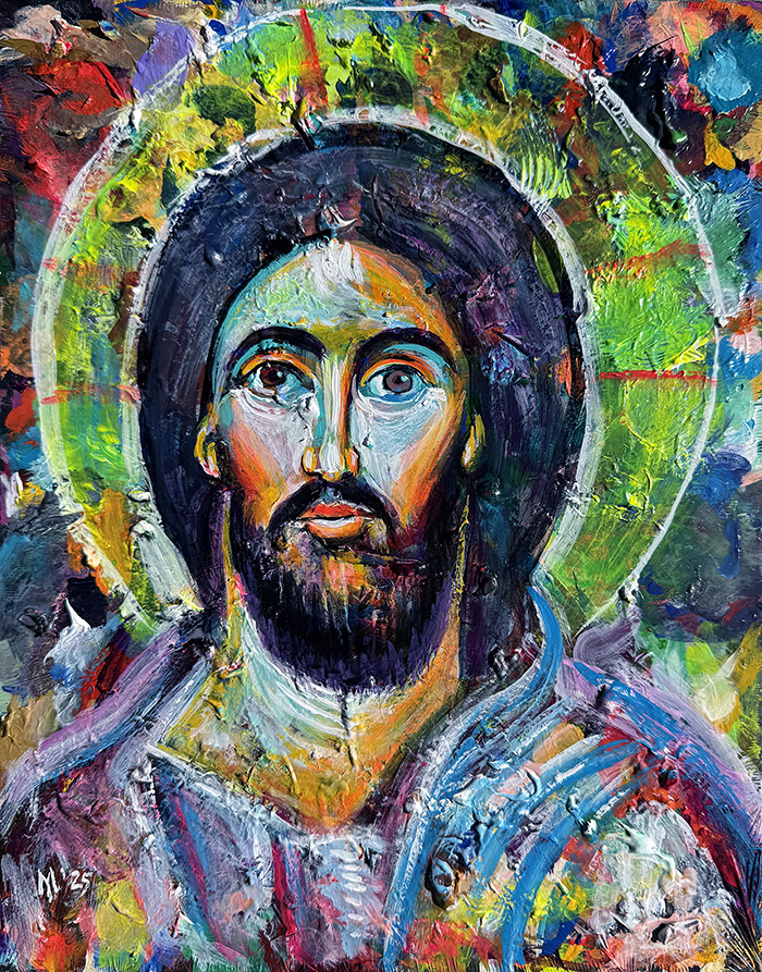 "Christ of Gaza: Love and Truth Amidst Fragmentation", acrylic on canvas panel, Bishop Maxim, 2025