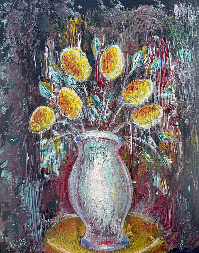 "Marigold" (Tagetes), acrylic on canvas panel, Bishop Maxim, 2025