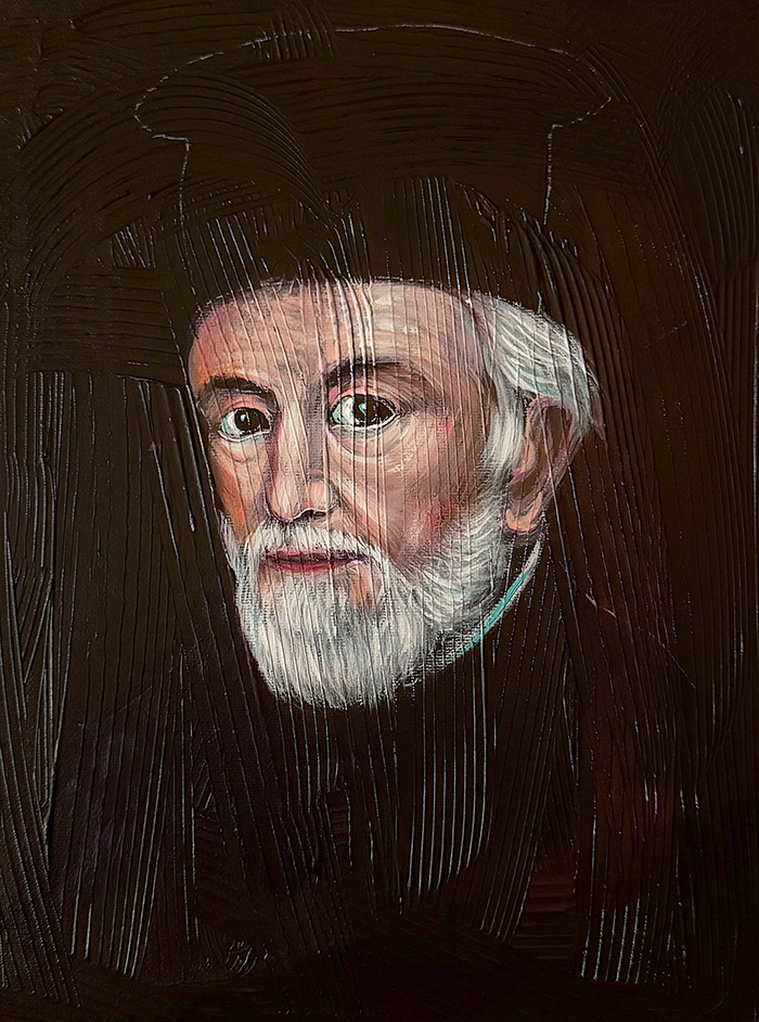 "Examining Gaze", acrylic on canvas panel, Bishop Maxim, 2025