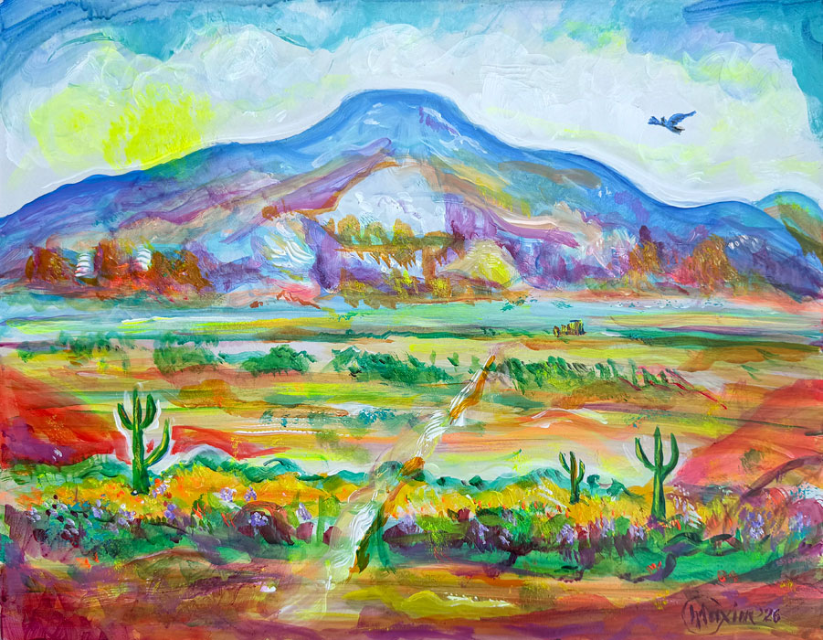 "Desert of Promise", acrylic on board, 14x18 inches, Bishop Maxim, 2026