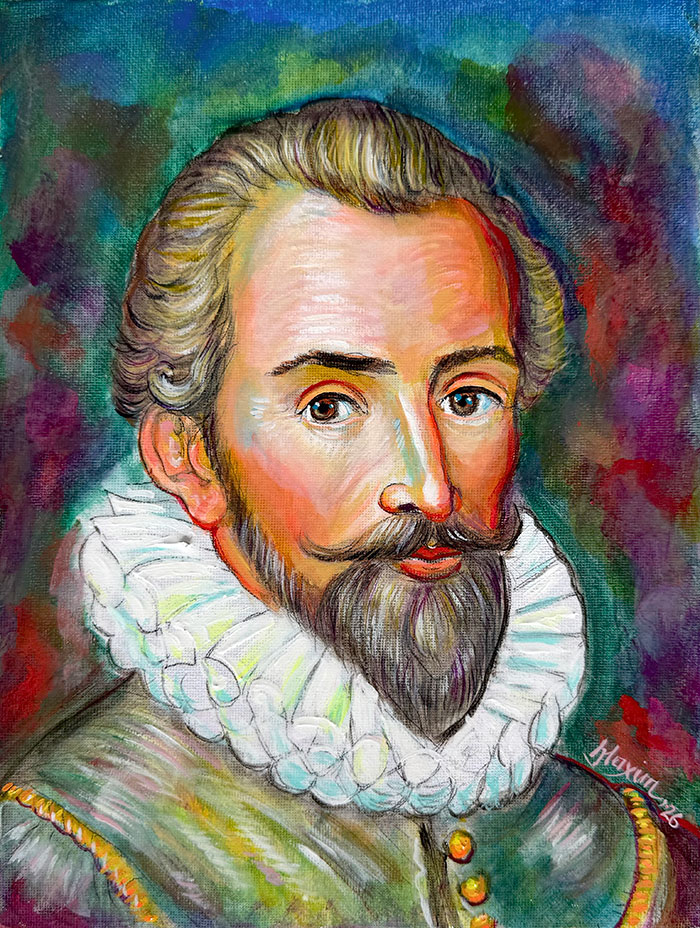 "Miguel de Cervantes and the Impossible Horizon", acrylic on canvas, Bishop Maxim, 2026
