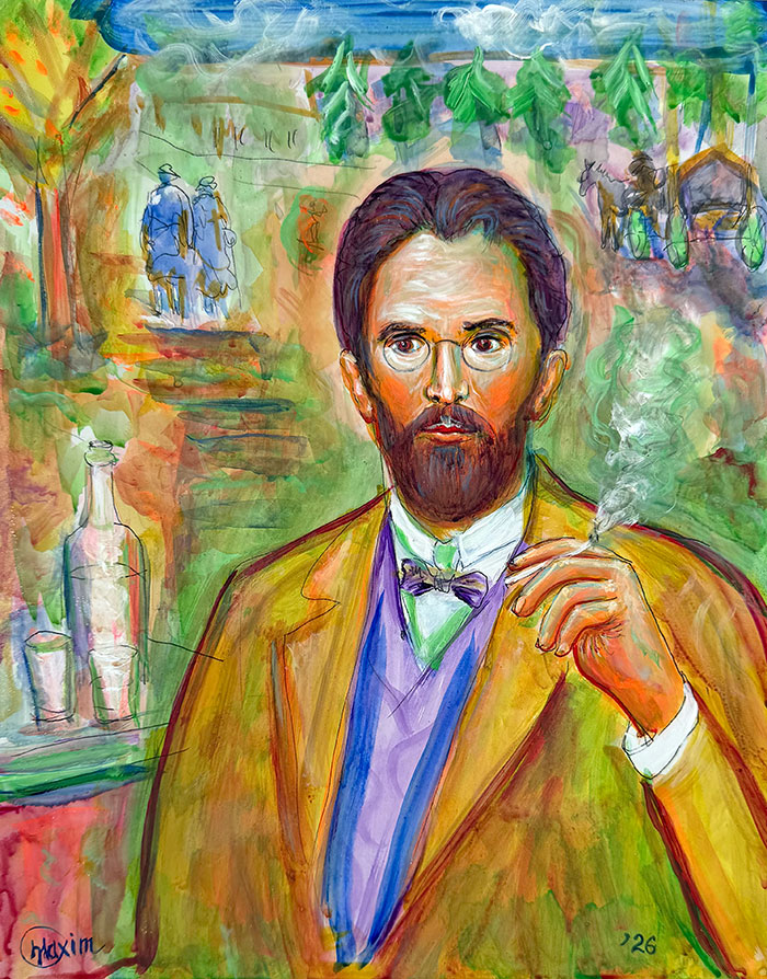 "Anton Chekhov: Between Nature and Story", acrylic on gesso board, 11 × 14 inches, Bishop Maxim, 2026
