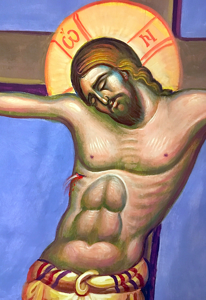 Crucifixion, detail, wall painting, church of St. Maximus, Kostolac, Stamatis Skliris, 2022