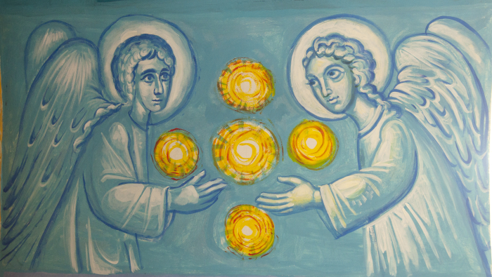 Angels of the Resurrection, wall painting, church of St. Maximus, Kostolac, Stamatis Skliris, 2022