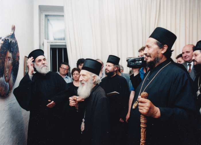 Exhibition of Fr Stamatis’ paintings in Trebinje, 1998, on the occasion of celebration of 800 years of Hilandar Monastery