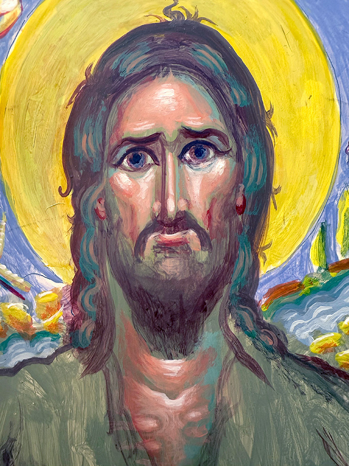 "Saint John the Baptist", detail, acrylic on board, unfinished, 2022