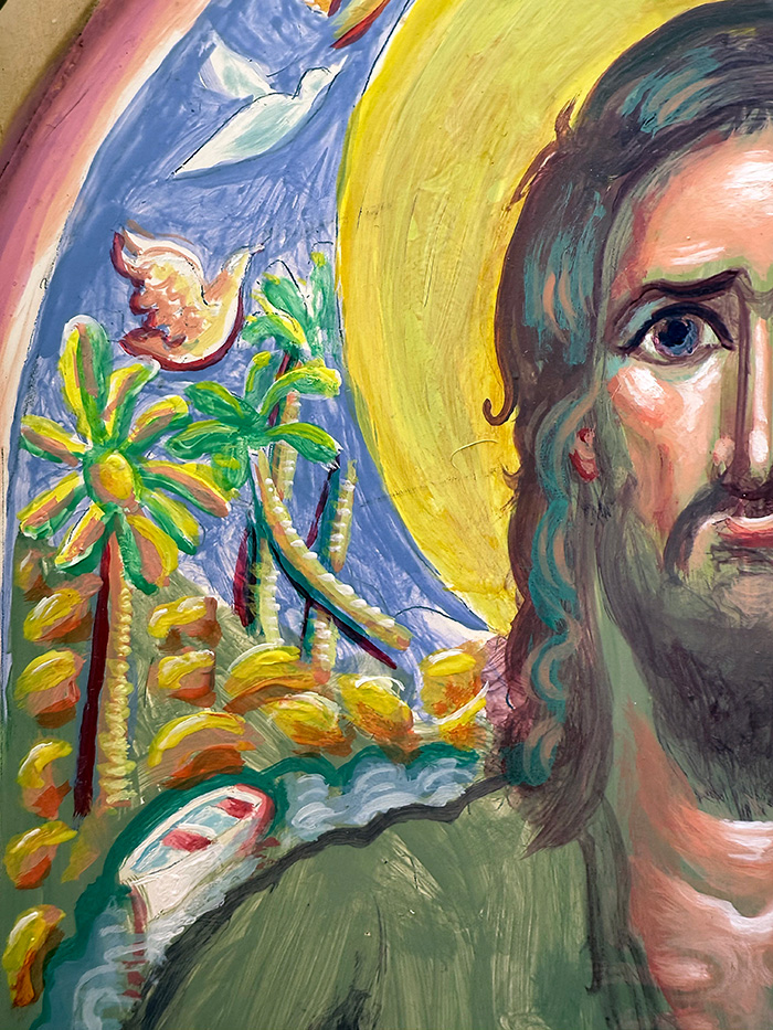 "Saint John the Baptist", detail, acrylic on board, unfinished, 2022