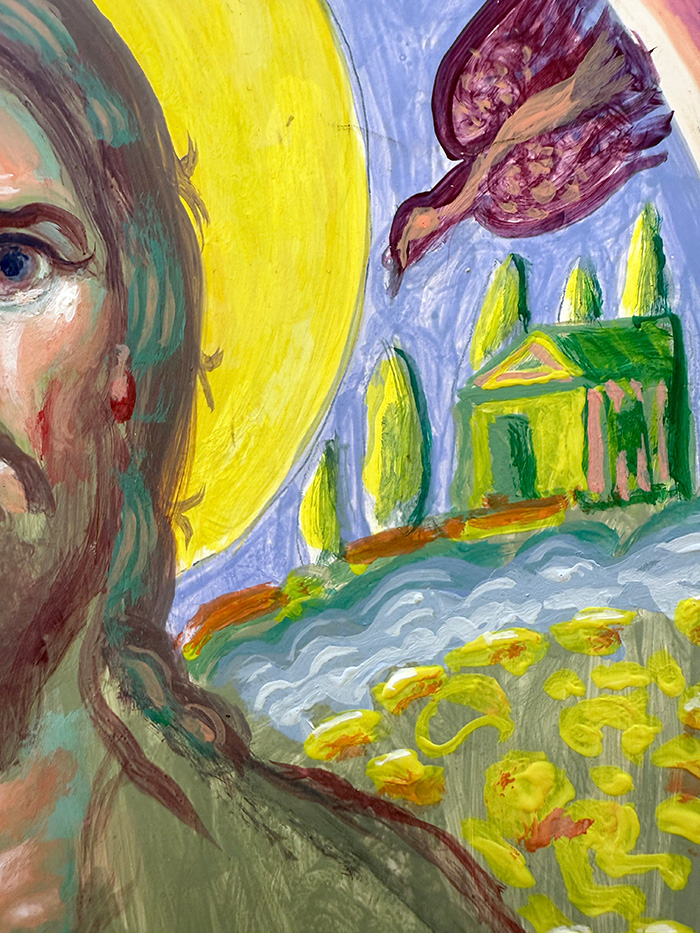 "Saint John the Baptist", detail, acrylic on board, unfinished, 2022